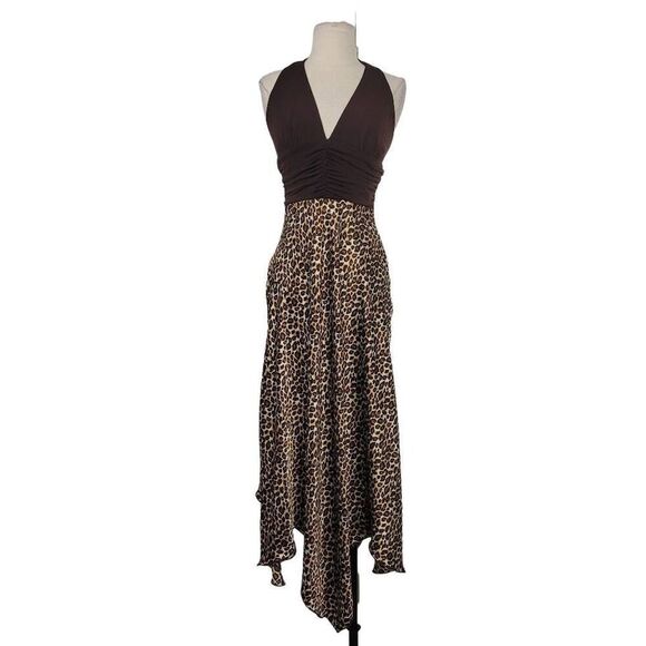 Vtg 90s Y2K La Belle‎ Leopard Print Halter Midi Dress Sz 5/XS Brown Tan Satin - Picture 1 of 9